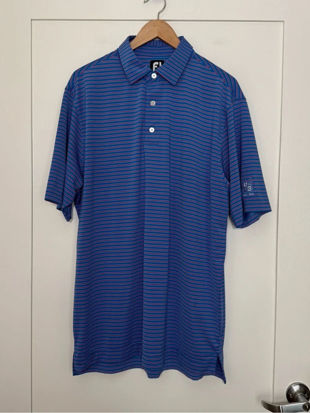 FootJoy Polo Shirt Mens Sz L Blue Pink Striped Golf Performance Lightweight